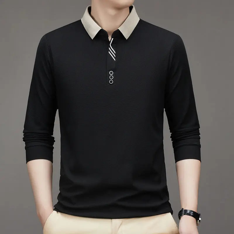 New Men's Autumn Business Fit Solid Color Polo Collar Bottoming Shirt  Pre2brand Black-4XL