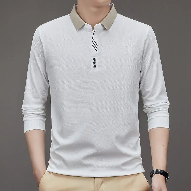 New Men's Autumn Business Fit Solid Color Polo Collar Bottoming Shirt  Pre2brand White-4XL