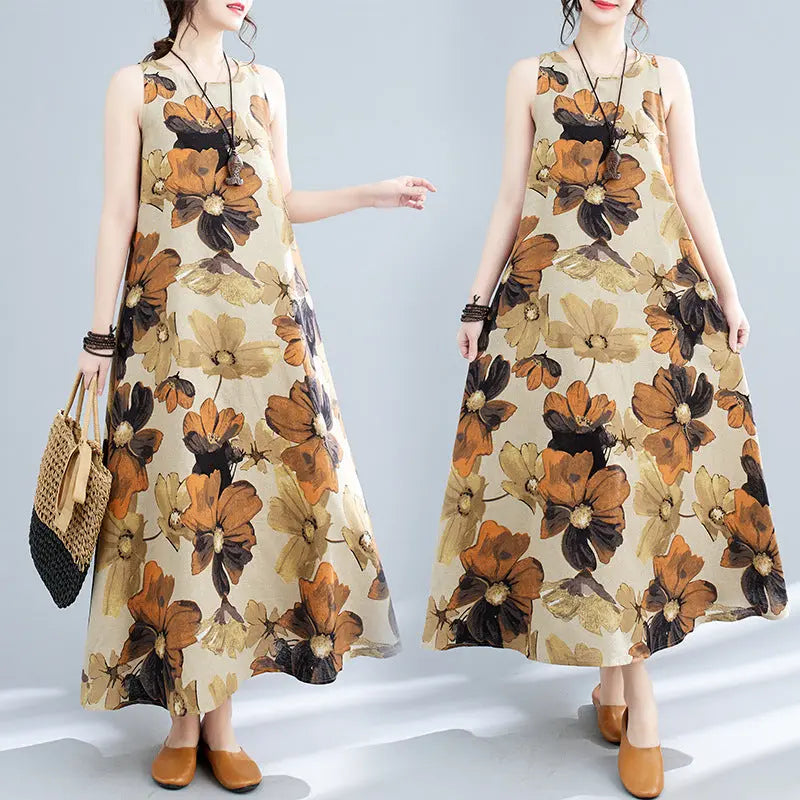 New Simple Fashion Bohemian Maxi Dress Sleeveless Round Neck Printed Dress Women  Pre2brand Picture-Color-2XL