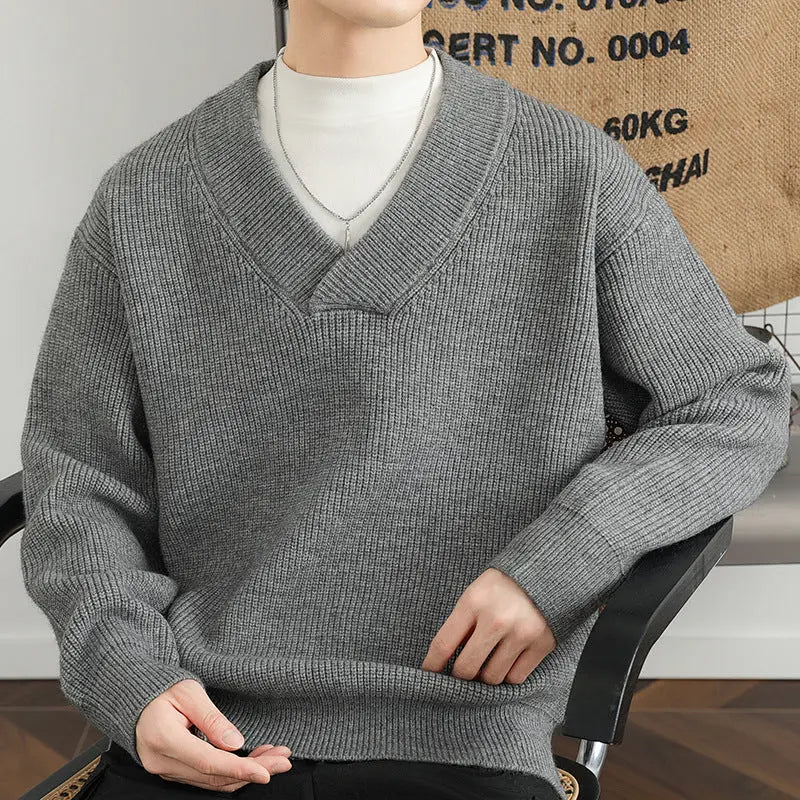 New V-neck Fashion Men's Solid Color Coarse Yarn Knitted Sweater  Pre2brand