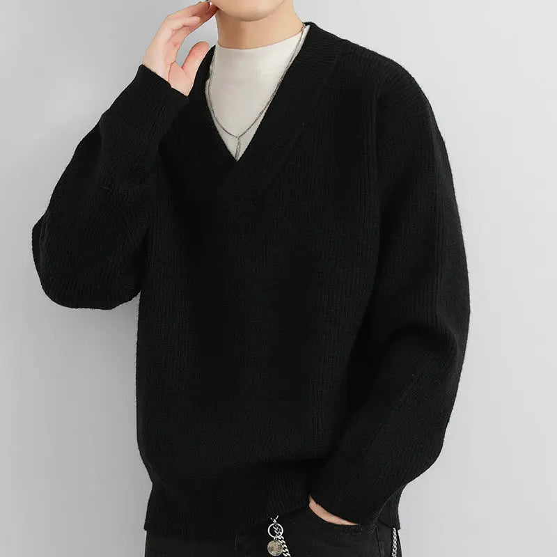 New V-neck Fashion Men's Solid Color Coarse Yarn Knitted Sweater  Pre2brand