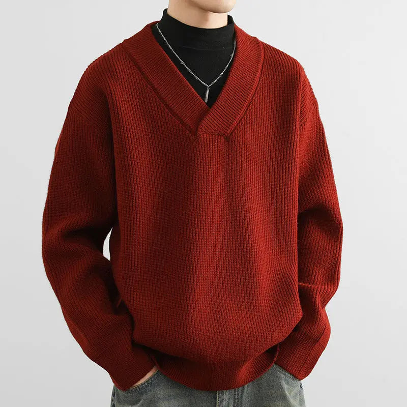 New V-neck Fashion Men's Solid Color Coarse Yarn Knitted Sweater  Pre2brand