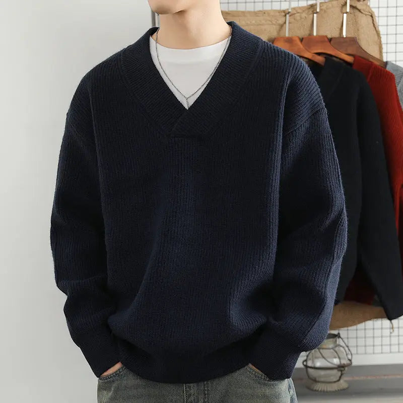 New V-neck Fashion Men's Solid Color Coarse Yarn Knitted Sweater  Pre2brand