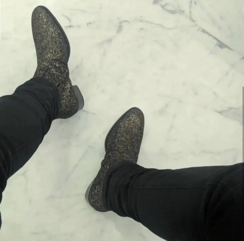 New men boots New autumn men booties zip up Chelsea Boots sequin leather Ankle Boots Men's glitter boots - Pre2brand