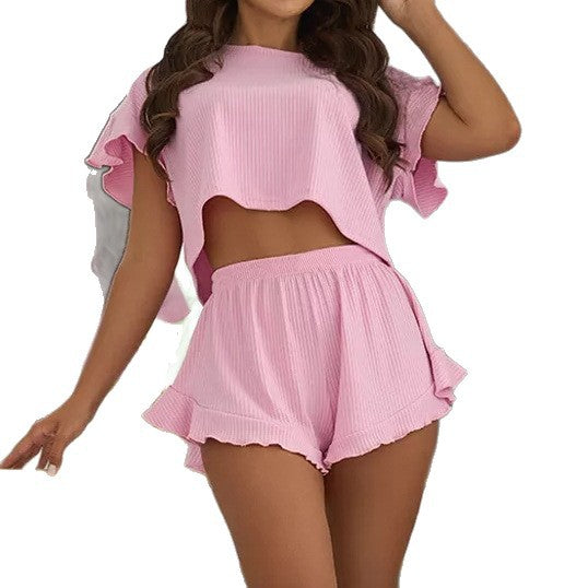 Ruffled Loose Crop Top Shorts Two-piece Set Ladies' Homewear