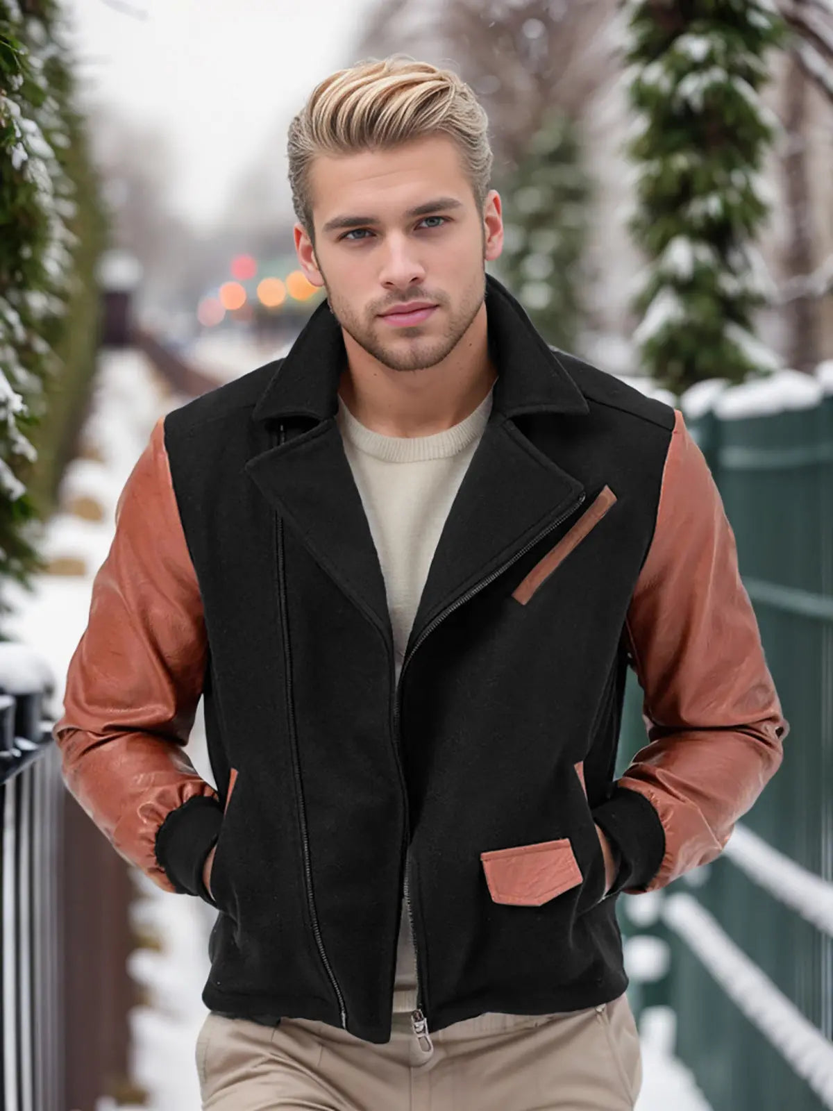 PU Leather Patchwork Wool Lapel Color Matching Men's Jacket  Pre2brand Black-XXL