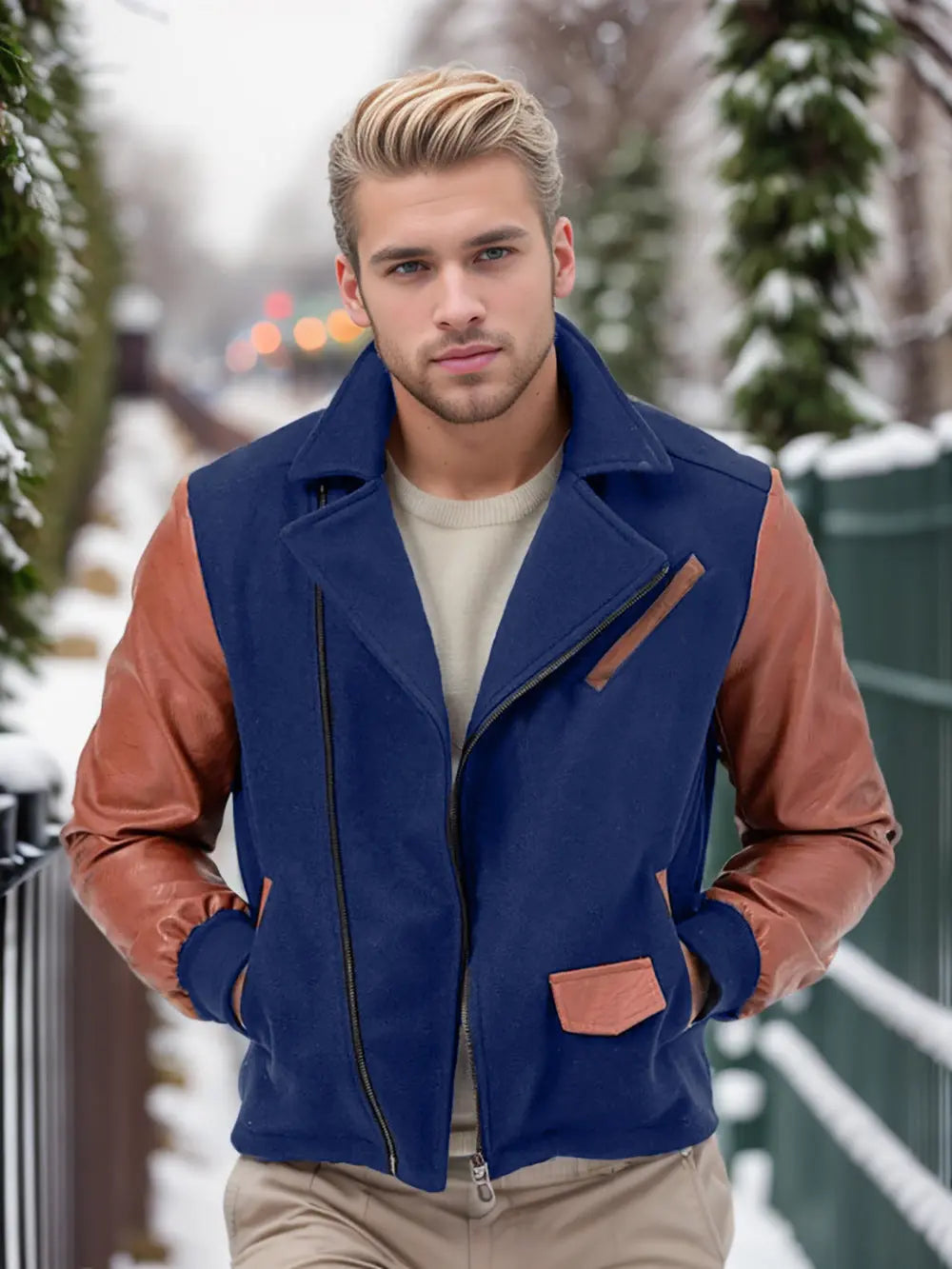 PU Leather Patchwork Wool Lapel Color Matching Men's Jacket  Pre2brand Navy-Blue-XXL
