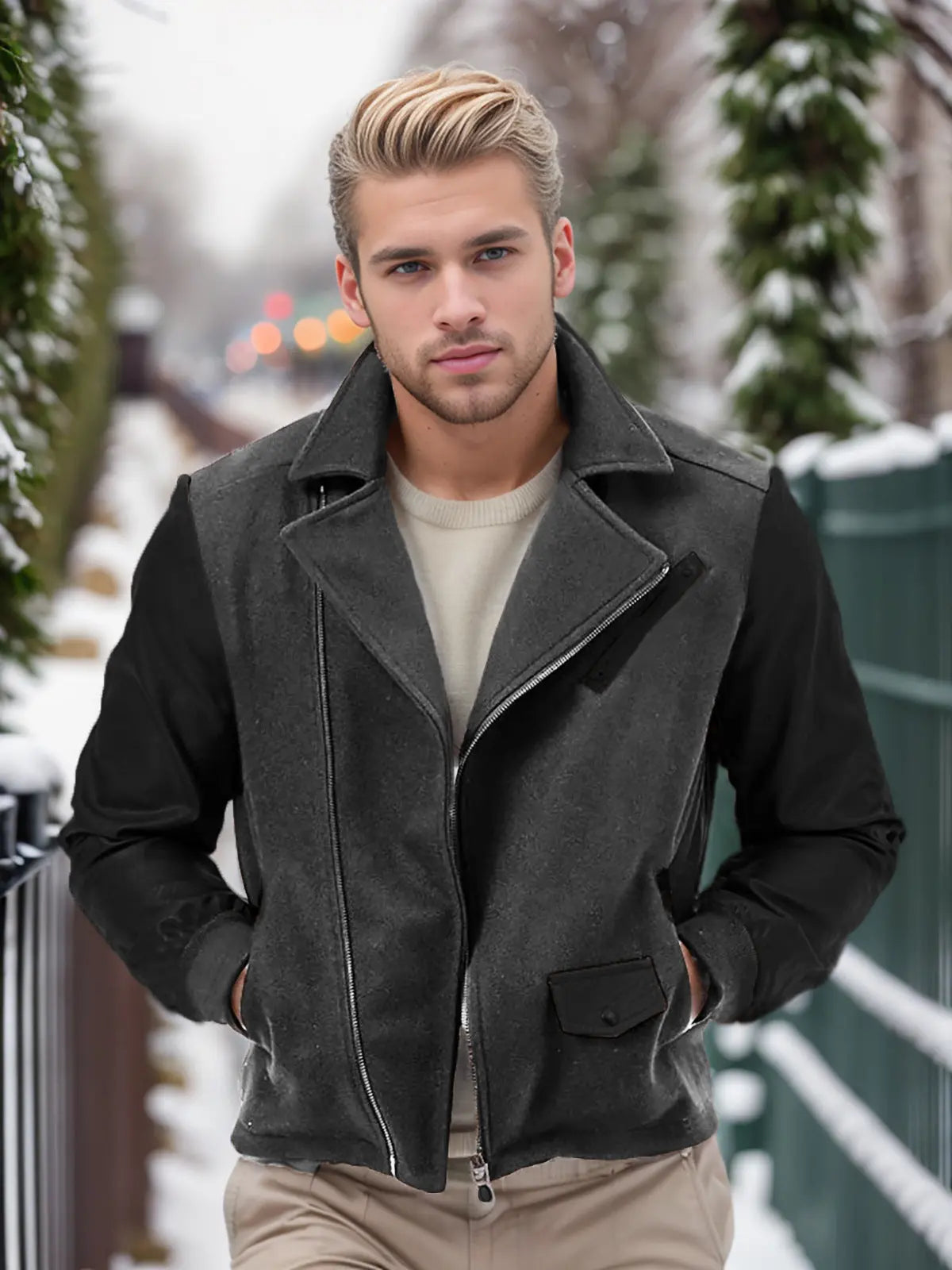 PU Leather Patchwork Wool Lapel Color Matching Men's Jacket  Pre2brand Gray-XXL
