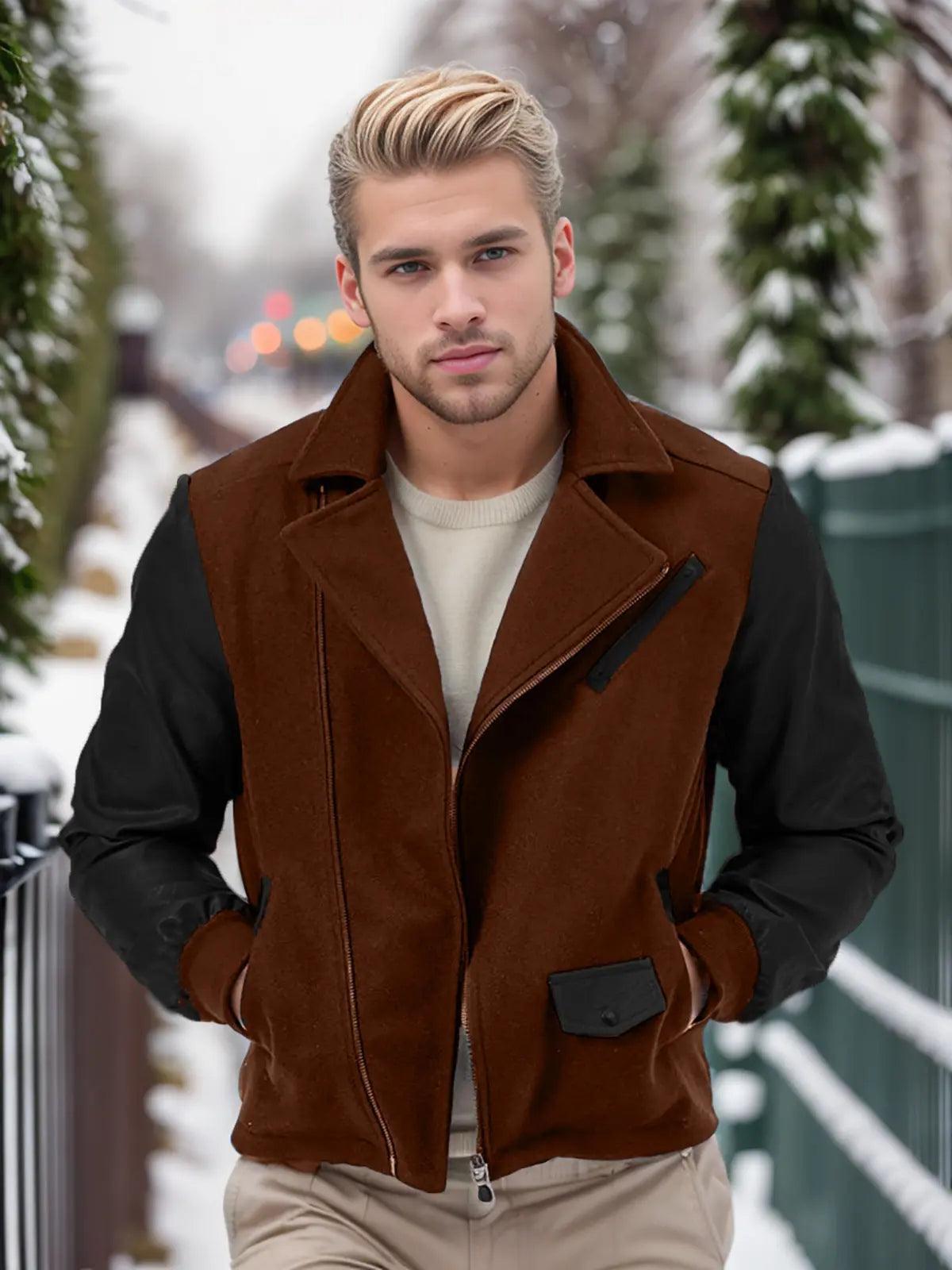 PU Leather Patchwork Wool Lapel Color Matching Men's Jacket  Pre2brand Brown-XXL