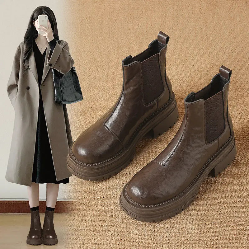 Platform Ankle Boots Women's 2024 Winter New Arrival Authentic Leather British Style Boots Brown Retro Maillard Chelsea Boots  Pre2brand