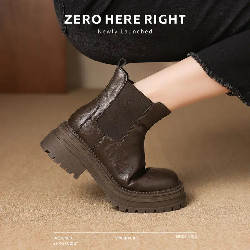 Platform Ankle Boots Women's 2024 Winter New Arrival Authentic Leather British Style Boots Brown Retro Maillard Chelsea Boots  Pre2brand