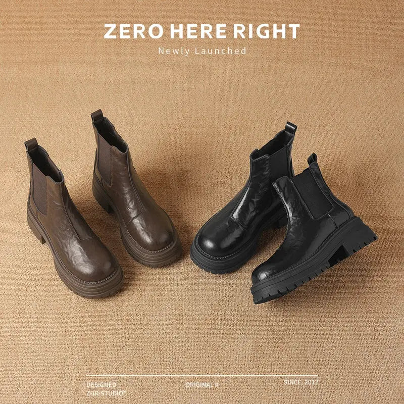 Platform Ankle Boots Women's 2024 Winter New Arrival Authentic Leather British Style Boots Brown Retro Maillard Chelsea Boots  Pre2brand