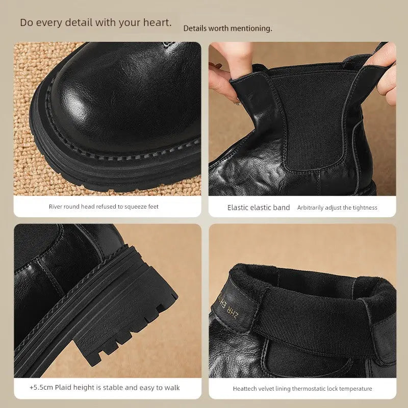 Platform Ankle Boots Women's 2024 Winter New Arrival Authentic Leather British Style Boots Brown Retro Maillard Chelsea Boots  Pre2brand