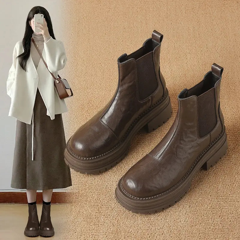 Platform Ankle Boots Women's 2024 Winter New Arrival Authentic Leather British Style Boots Brown Retro Maillard Chelsea Boots  Pre2brand EUR39-245-117A-Brown