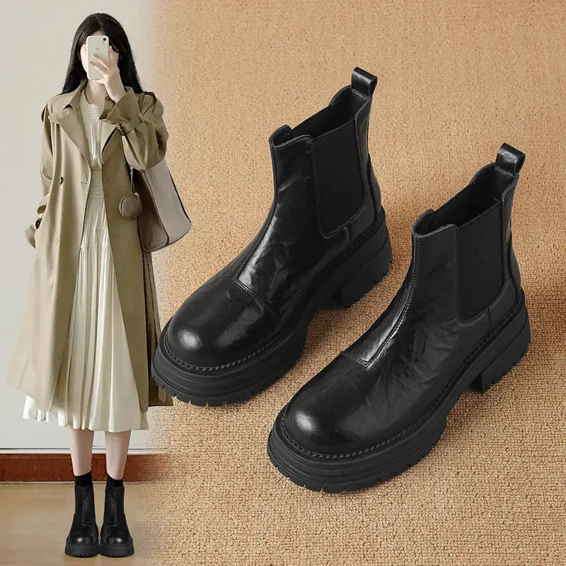 Platform Ankle Boots Women's 2024 Winter New Arrival Authentic Leather British Style Boots Brown Retro Maillard Chelsea Boots  Pre2brand EUR39-245-117A-Black
