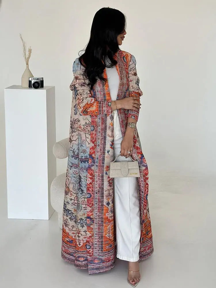 Pleated Print Cardigan Long Coat Arabic Robe Plus Size  Pre2brand Red-Free-Size