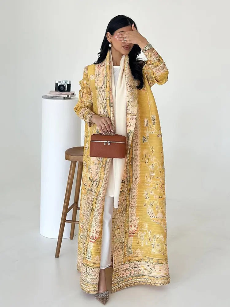 Pleated Print Cardigan Long Coat Arabic Robe Plus Size  Pre2brand Yellow-Free-Size