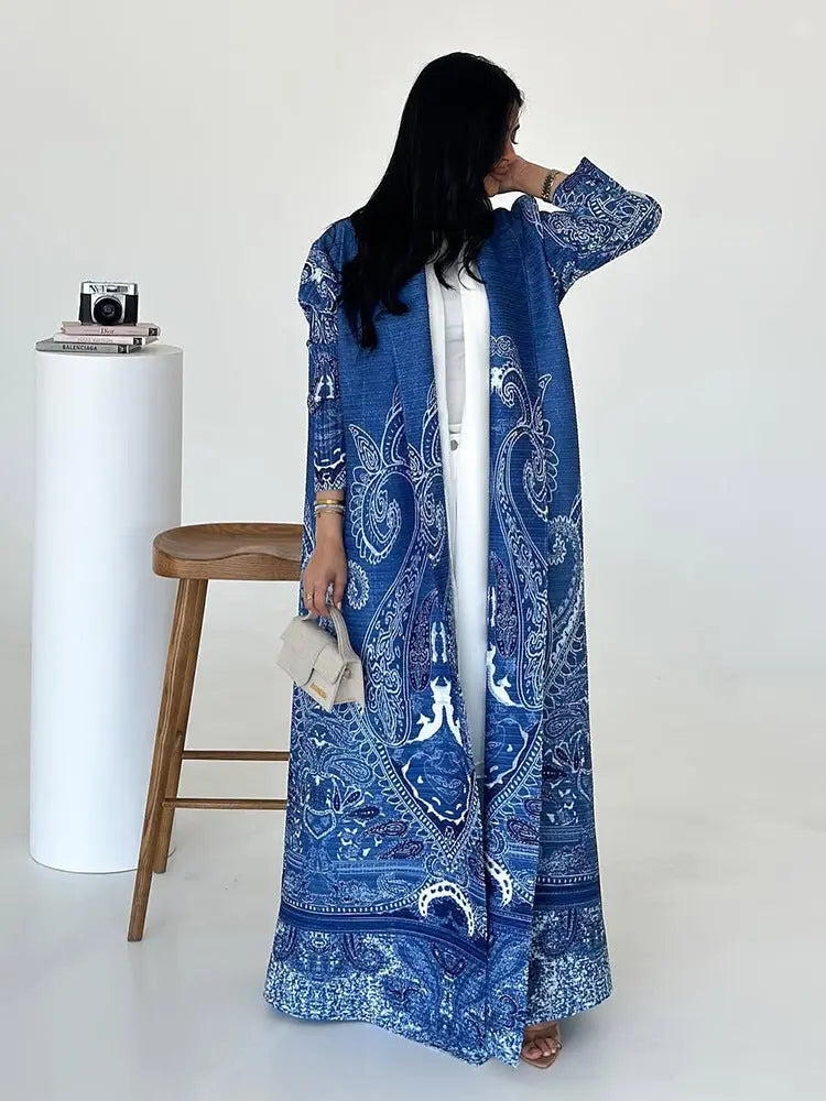 Pleated Print Cardigan Long Coat Arabic Robe Plus Size  Pre2brand Blue-Free-Size