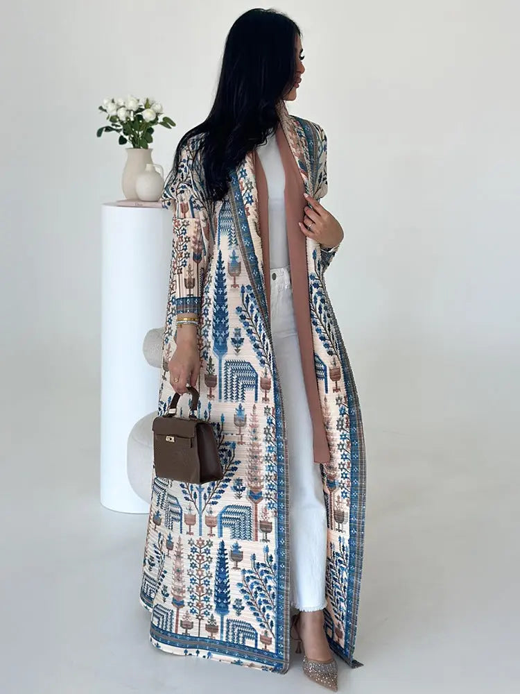 Pleated Print Cardigan Long Coat Arabic Robe Plus Size  Pre2brand Light-Blue-Free-Size