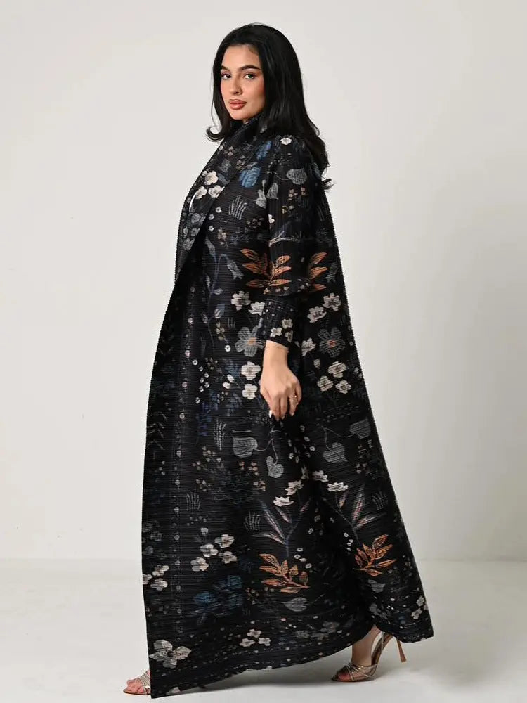 Pleated Print Cardigan Long Coat Arabic Robe Plus Size  Pre2brand Black-Free-Size