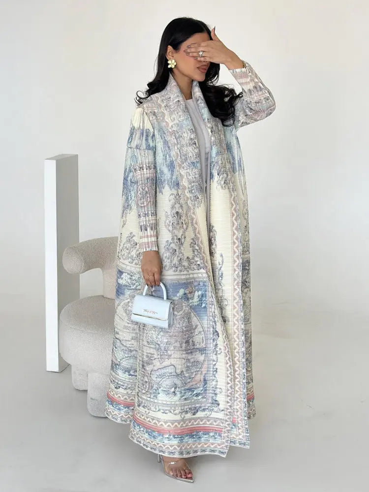 Pleated Print Cardigan Long Coat Arabic Robe Plus Size  Pre2brand Milky-White-Free-Size