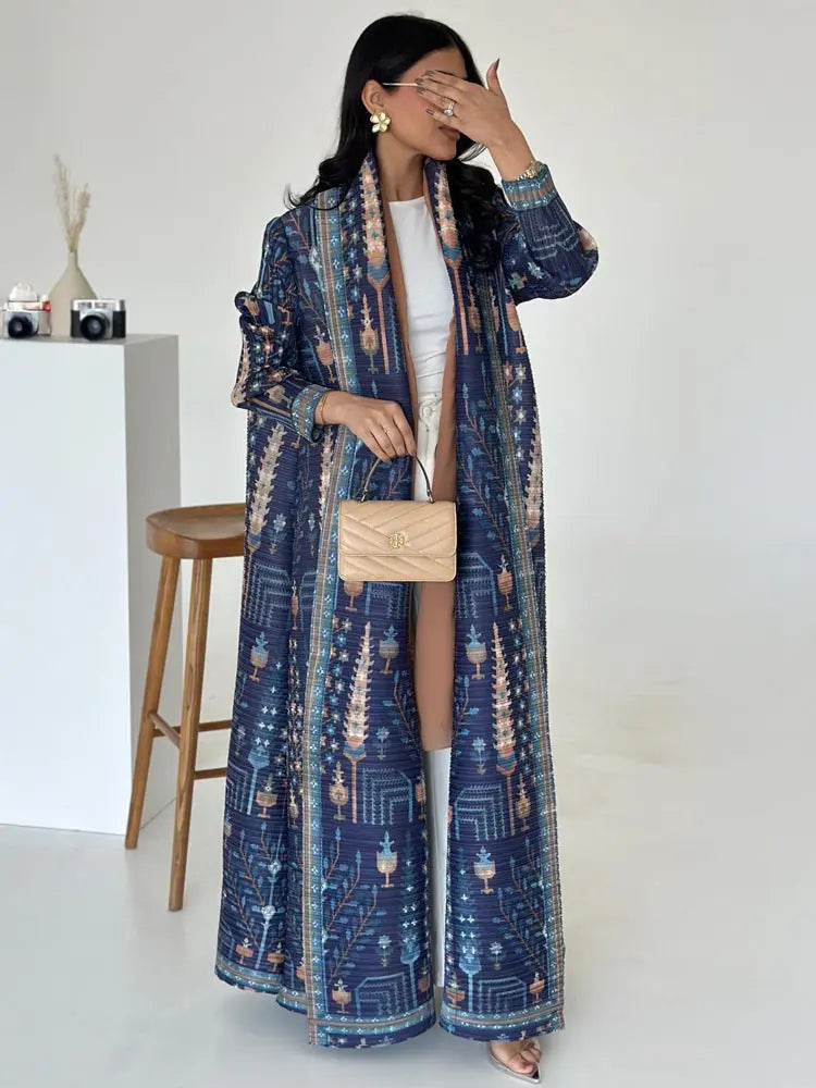 Pleated Print Cardigan Long Coat Arabic Robe Plus Size  Pre2brand Dark-Blue-Free-Size