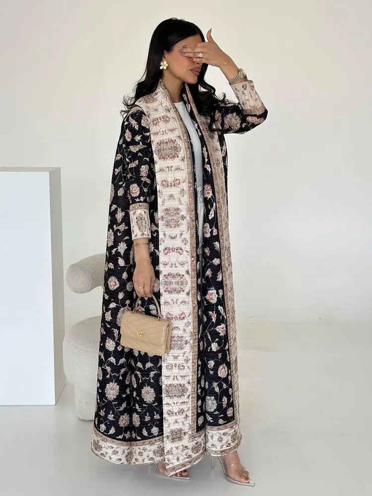 Pleated Print Cardigan Long Coat Arabic Robe Plus Size  Pre2brand Navy-Blue-Free-Size