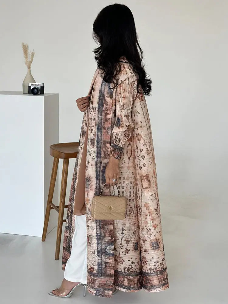 Pleated Print Cardigan Long Coat Arabic Robe Plus Size  Pre2brand Lotus-Root-Color-Free-Size