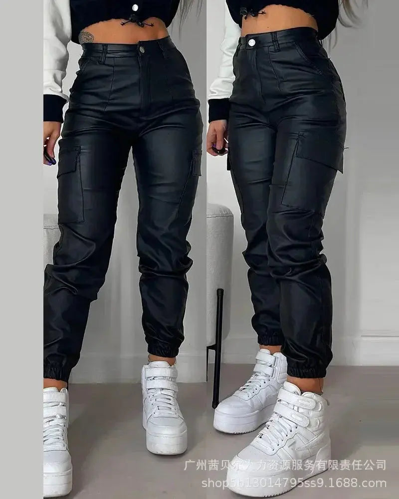 Pocket Design Cuffed PU Leather Pants Women Black Solid Color Ankle Length Cargo Safari Pants Trousers Pockets New  Pre2brand M-black