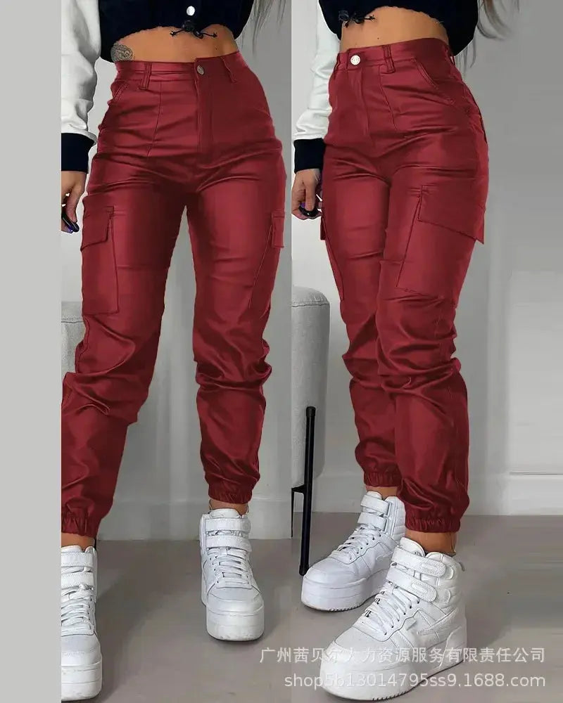Pocket Design Cuffed PU Leather Pants Women Black Solid Color Ankle Length Cargo Safari Pants Trousers Pockets New  Pre2brand M-Red