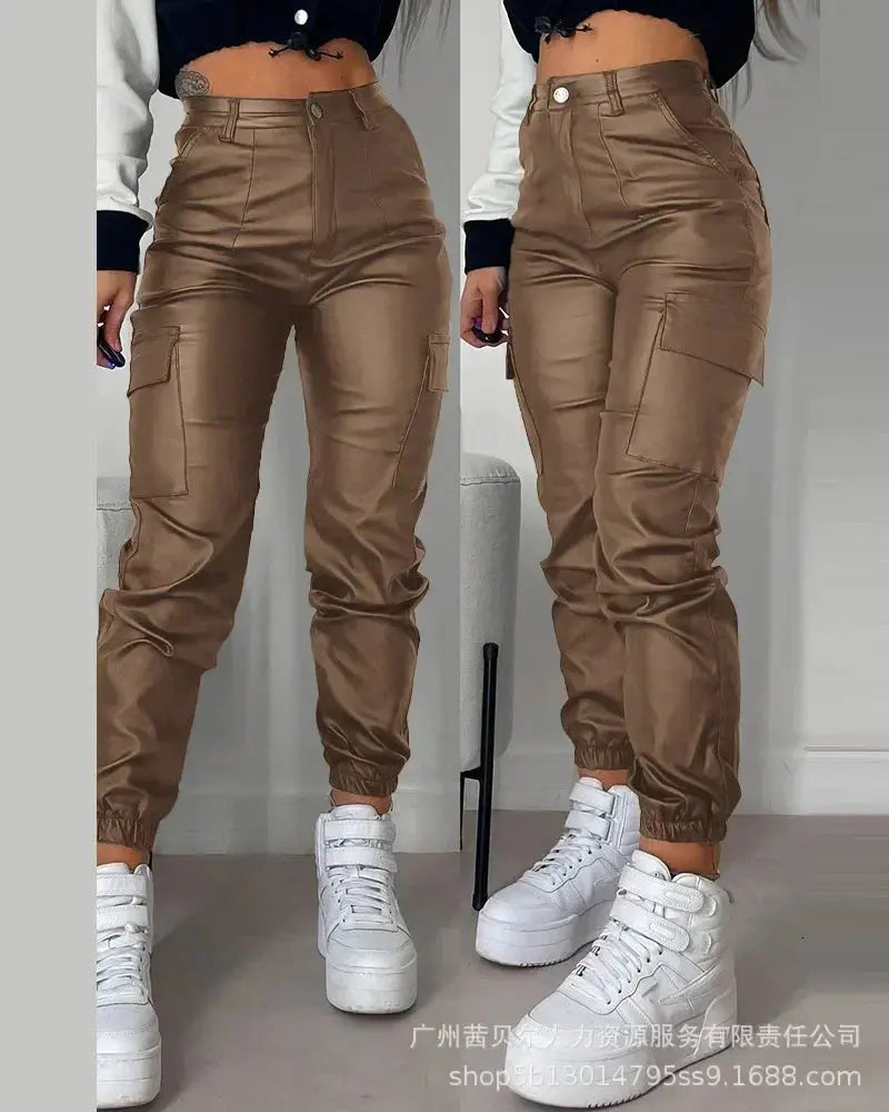 Pocket Design Cuffed PU Leather Pants Women Black Solid Color Ankle Length Cargo Safari Pants Trousers Pockets New  Pre2brand M-Brown