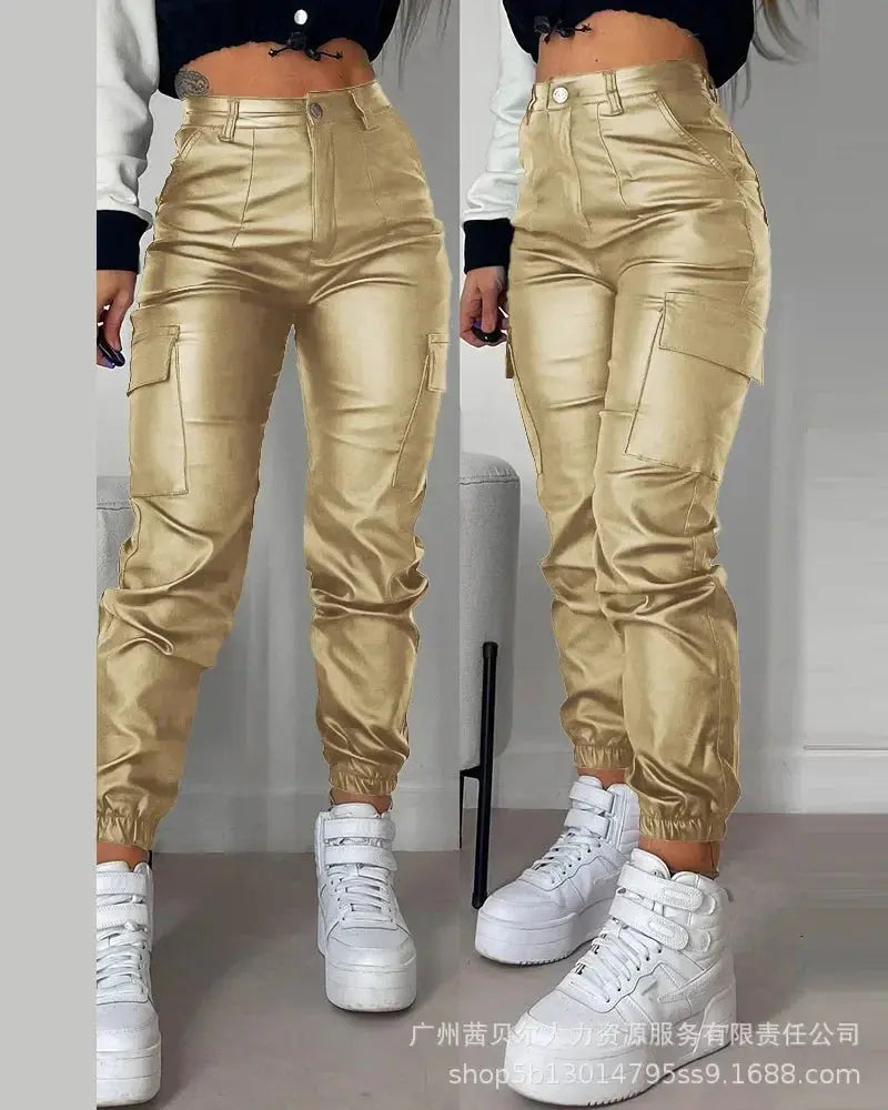 Pocket Design Cuffed PU Leather Pants Women Black Solid Color Ankle Length Cargo Safari Pants Trousers Pockets New  Pre2brand M-Gold