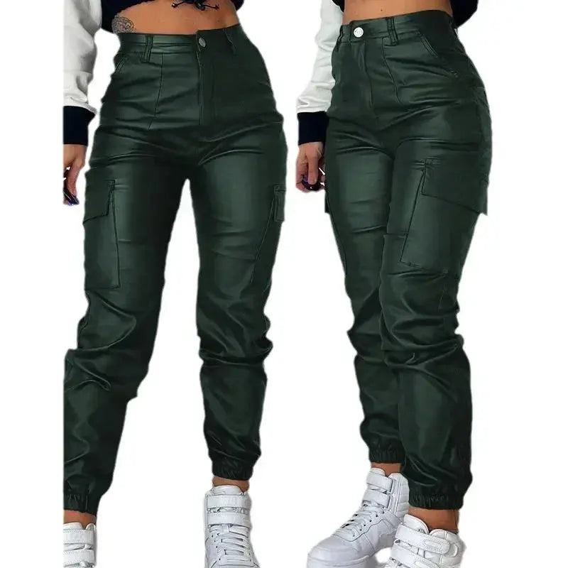 Pocket Design Cuffed PU Leather Pants Women Black Solid Color Ankle Length Cargo Safari Pants Trousers Pockets New  Pre2brand