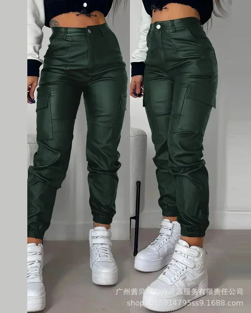 Pocket Design Cuffed PU Leather Pants Women Black Solid Color Ankle Length Cargo Safari Pants Trousers Pockets New  Pre2brand M-darkgreen