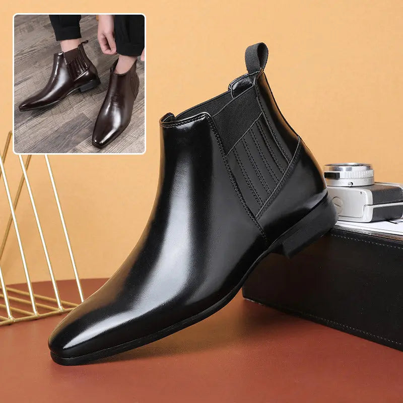 Pointed Toe Chelsea-style Boots For Men Fashion British Style Square Heel Business Formal Leather Shoes - Pre2brand