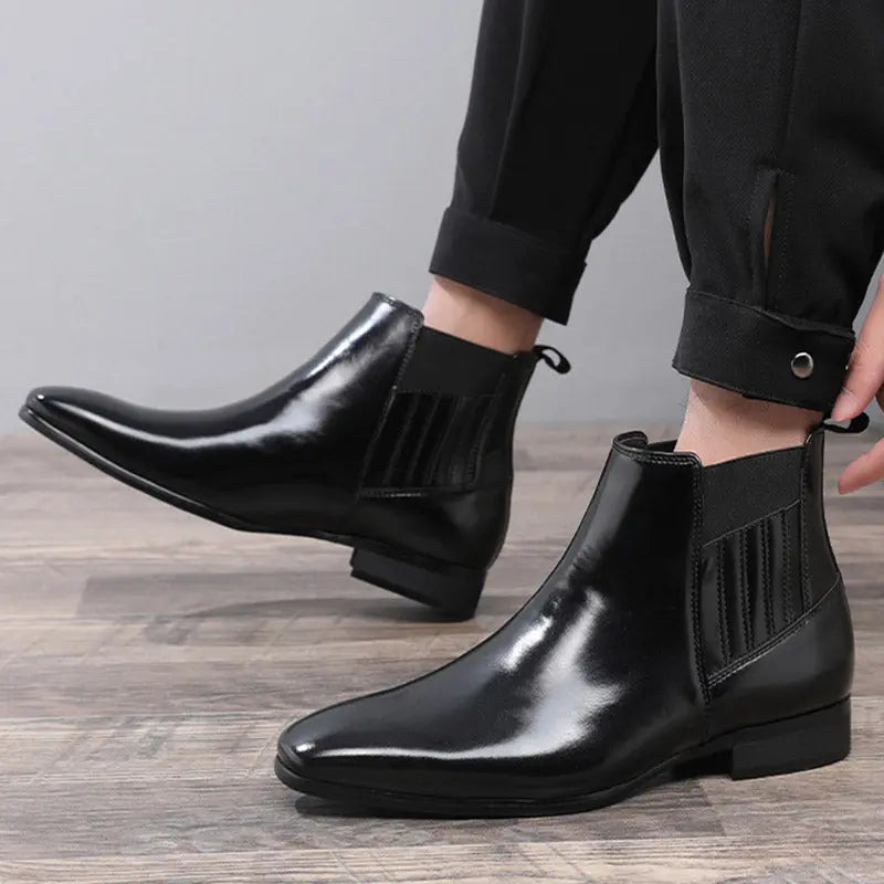 Pointed Toe Chelsea-style Boots For Men Fashion British Style Square Heel Business Formal Leather Shoes - Pre2brand