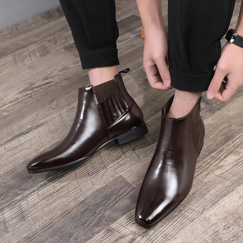Pointed Toe Chelsea-style Boots For Men Fashion British Style Square Heel Business Formal Leather Shoes - Pre2brand