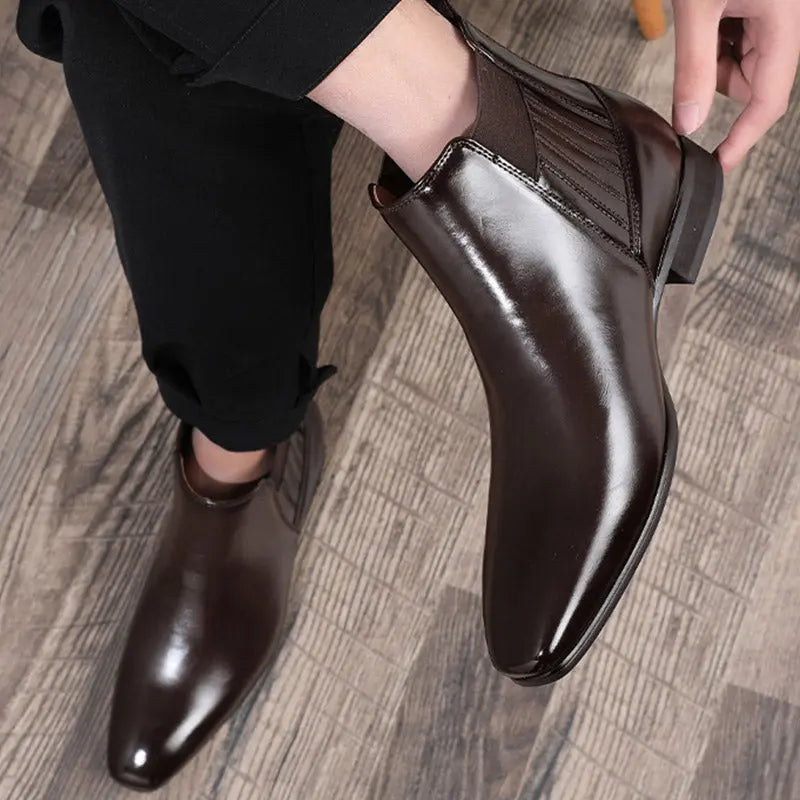 Pointed Toe Chelsea-style Boots For Men Fashion British Style Square Heel Business Formal Leather Shoes - Pre2brand