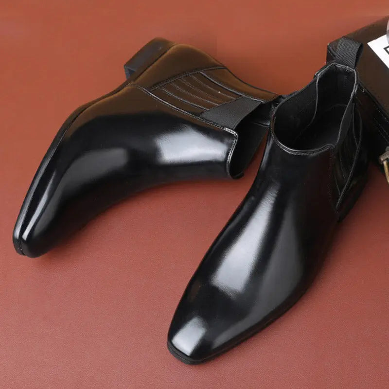 Pointed Toe Chelsea-style Boots For Men Fashion British Style Square Heel Business Formal Leather Shoes - Pre2brand