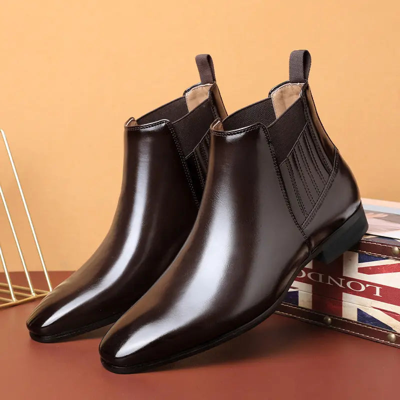 Pointed Toe Chelsea-style Boots For Men Fashion British Style Square Heel Business Formal Leather Shoes - Pre2brand