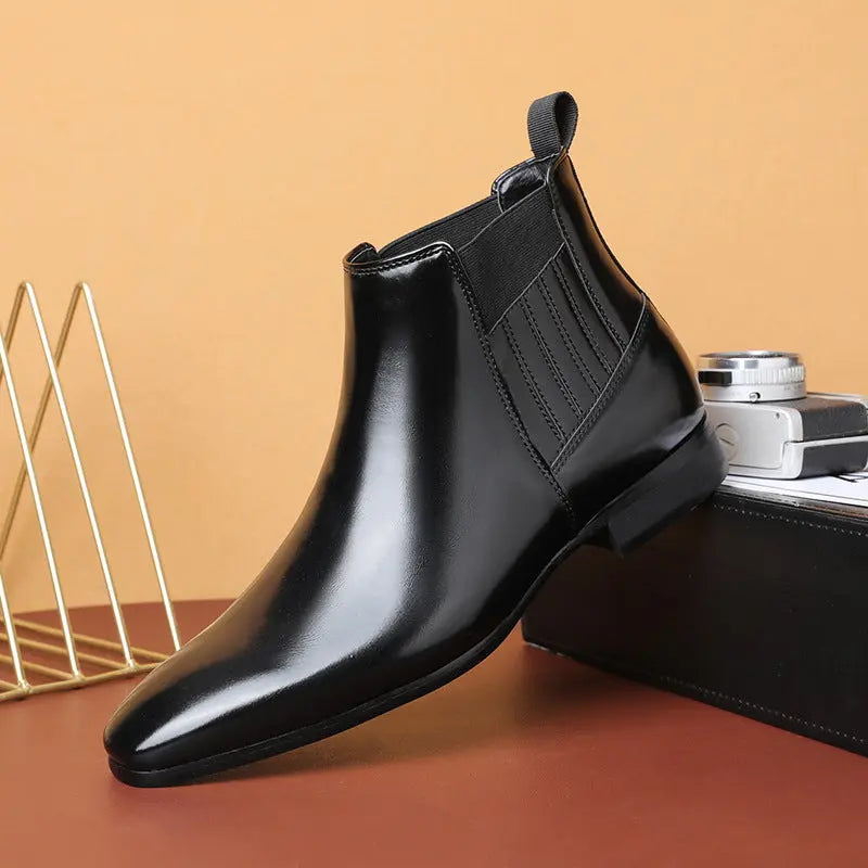 Pointed Toe Chelsea-style Boots For Men Fashion British Style Square Heel Business Formal Leather Shoes - Pre2brand