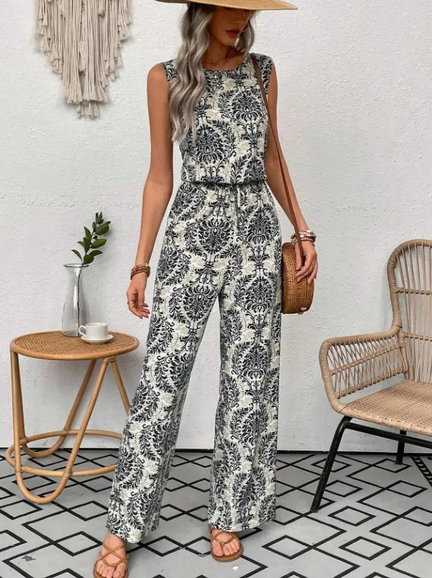 Printed Waist Cinching Casual Straight Leg Pants Set  Pre2brand Black-3XL