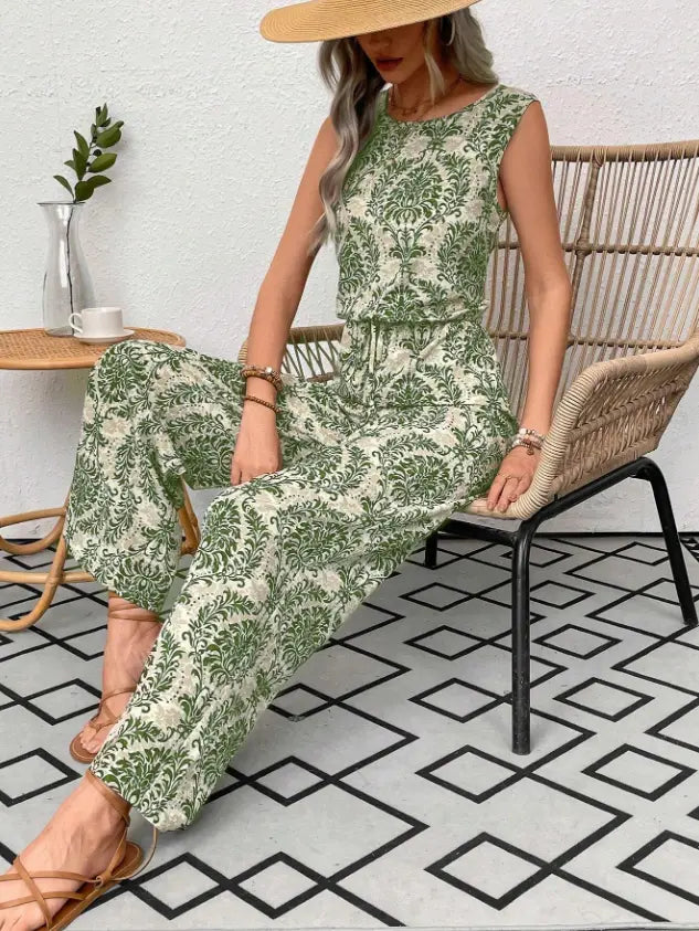 Printed Waist Cinching Casual Straight Leg Pants Set  Pre2brand Green-3XL