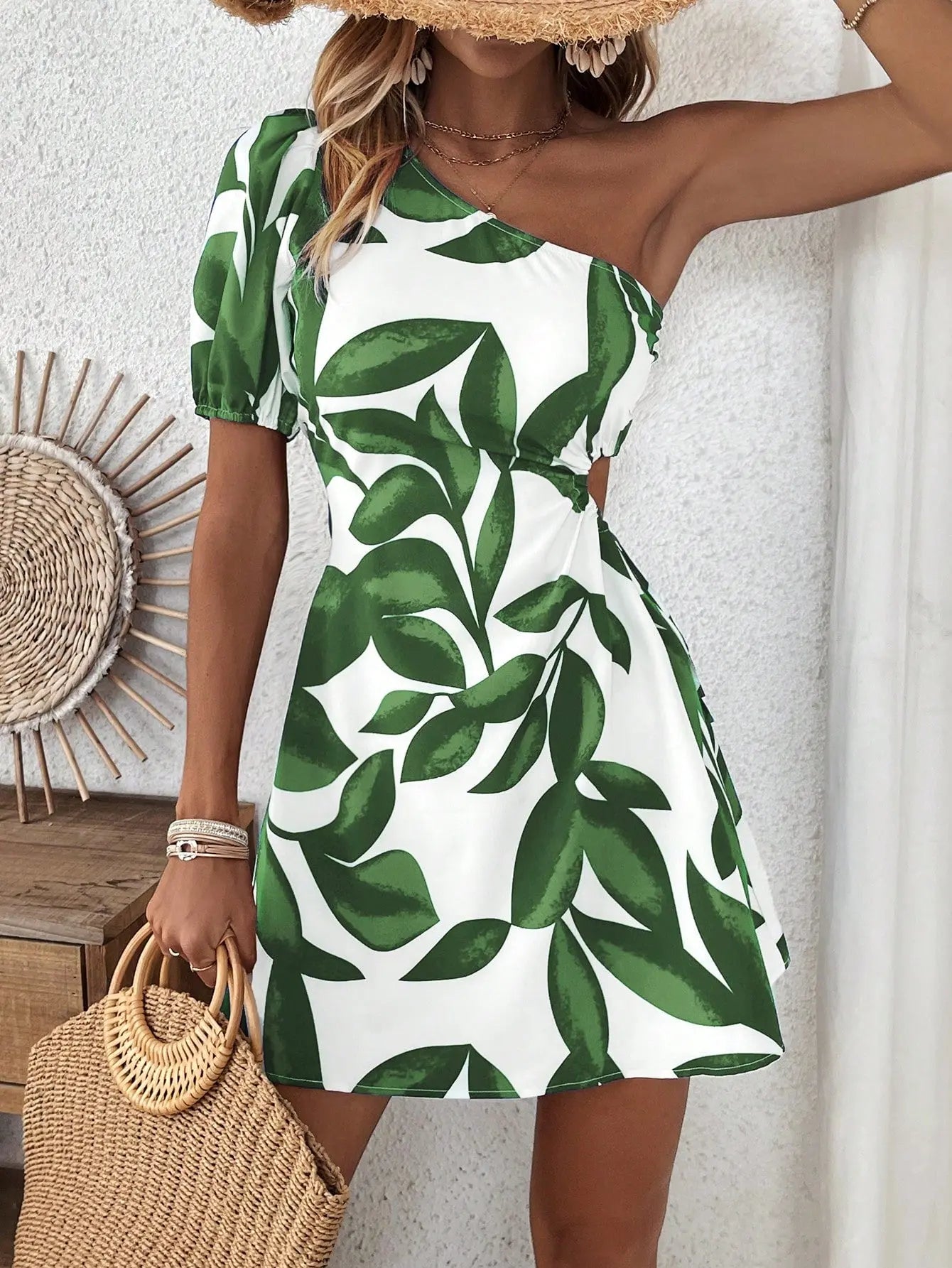 Puff Sleeve Dress For Summer Vacation For New Year Clothes Vacation Beach Outfits Women  Pre2brand Green-3XL