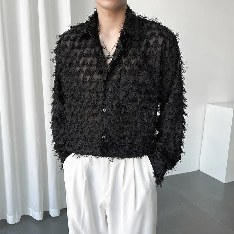 Pure Color Long Fringe Men's Fashion Long Sleeve Shirt Coat  Pre2brand Black-2XL