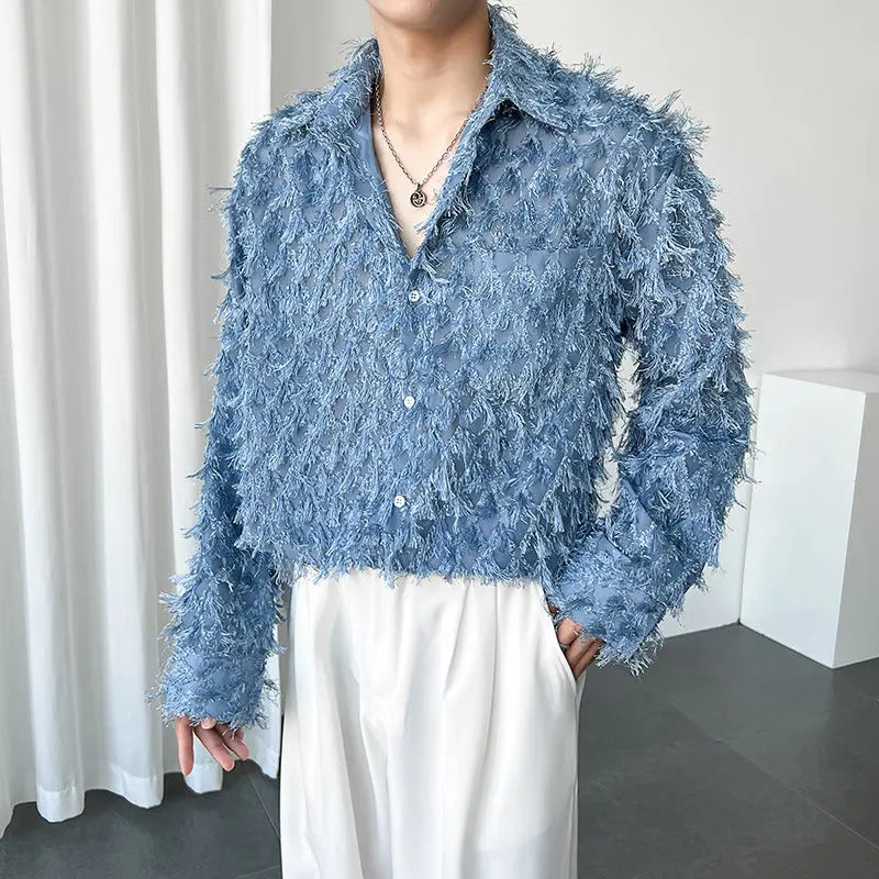 Pure Color Long Fringe Men's Fashion Long Sleeve Shirt Coat  Pre2brand Lake-Blue-2XL