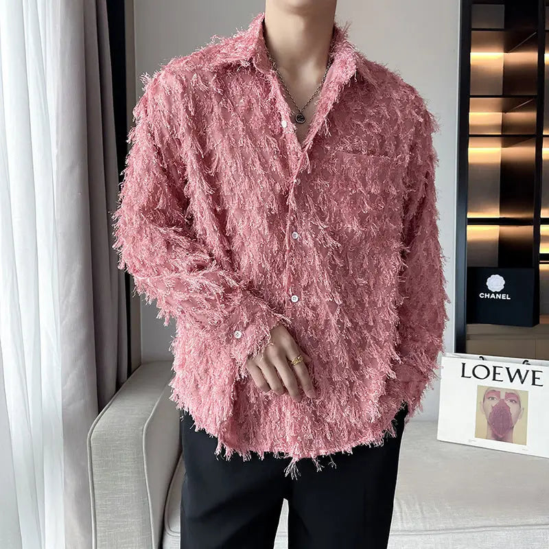 Pure Color Long Fringe Men's Fashion Long Sleeve Shirt Coat  Pre2brand Watermelon-Red-2XL