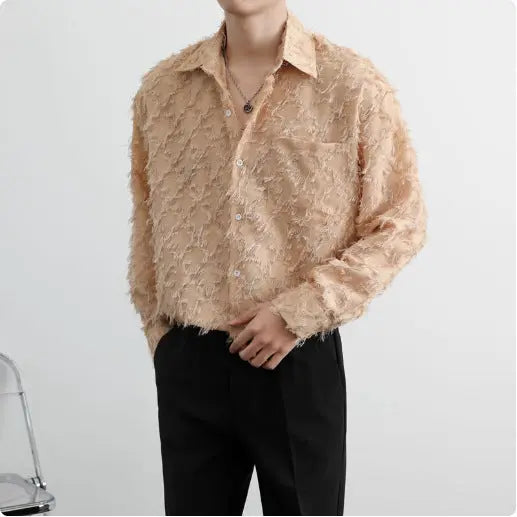 Pure Color Long Fringe Men's Fashion Long Sleeve Shirt Coat  Pre2brand Khaki-2XL
