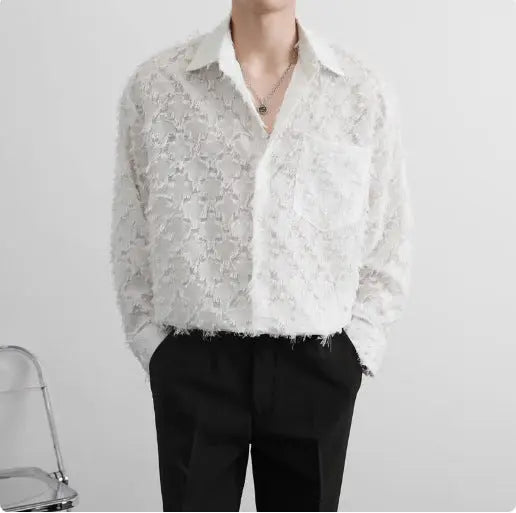 Pure Color Long Fringe Men's Fashion Long Sleeve Shirt Coat  Pre2brand White-2XL