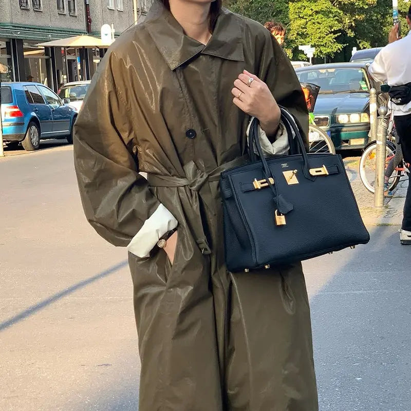 Retro Commuter's All-matching Profile Slimming Lace-up Trench Coat  Pre2brand Green-Free-Size